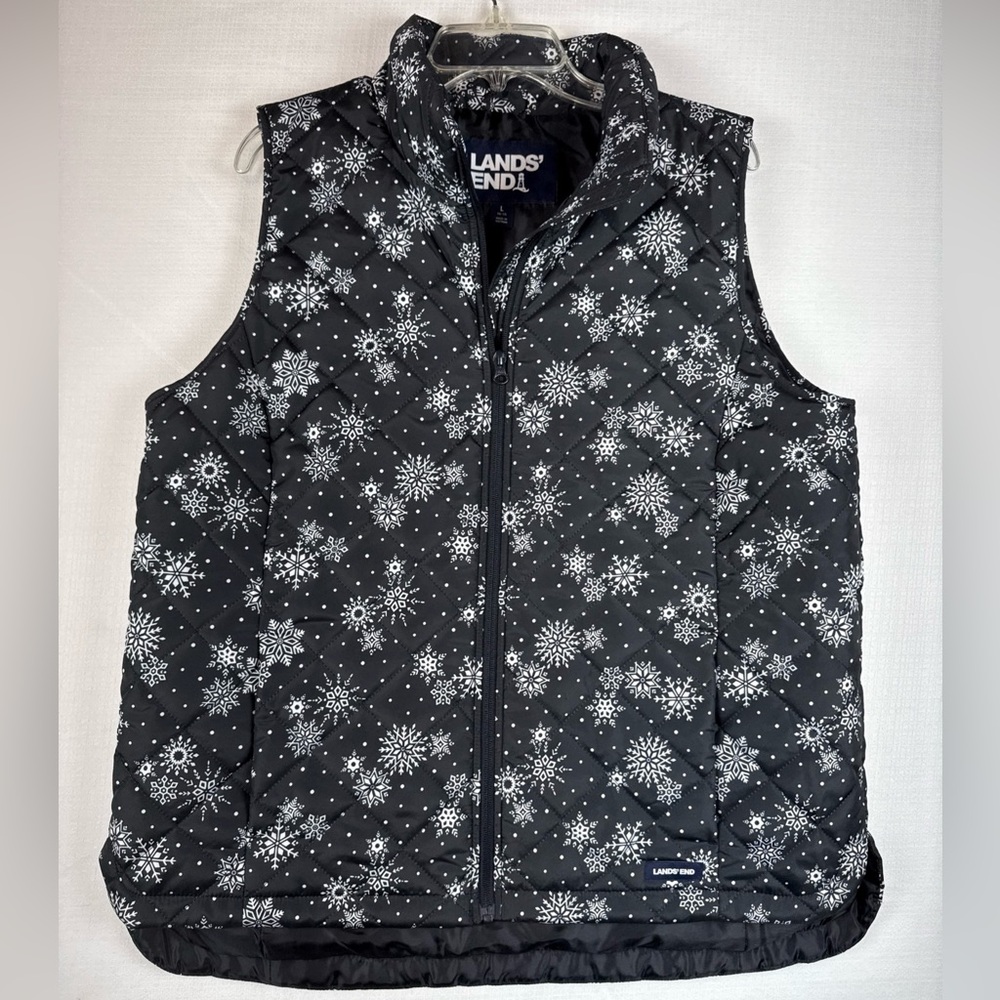Lands' End Black and White Snowflake Puffer Vest size L